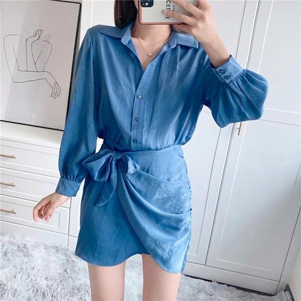 robe chemise satin bleu