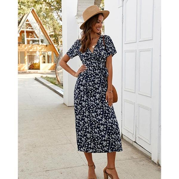 robe longue bleu marine fleurie