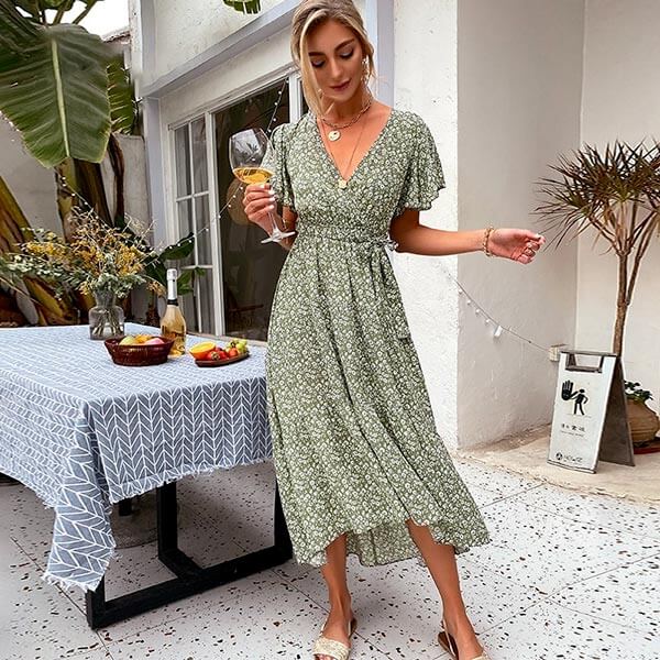 robe longue verte fleurie