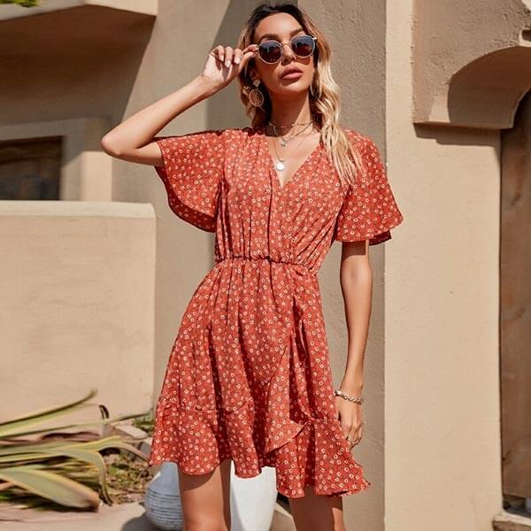 robe portefeuille fleurie rouge