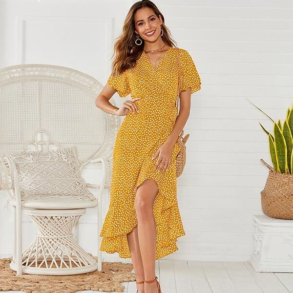 robe portefeuille jaune pois