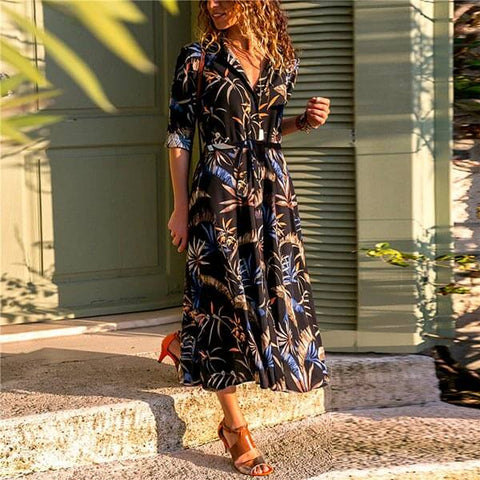 robe portefeuille longue noire florale